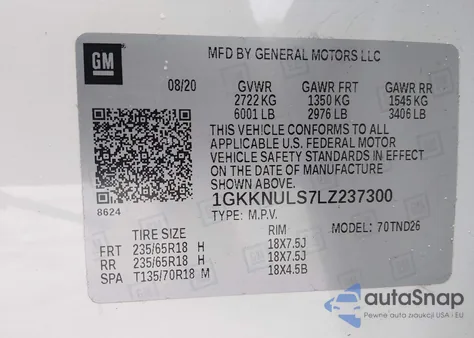 2020 GMC Acadia Awd Slt z USA, uszkodzony, nr VIN 1GKKNULS7LZ237300